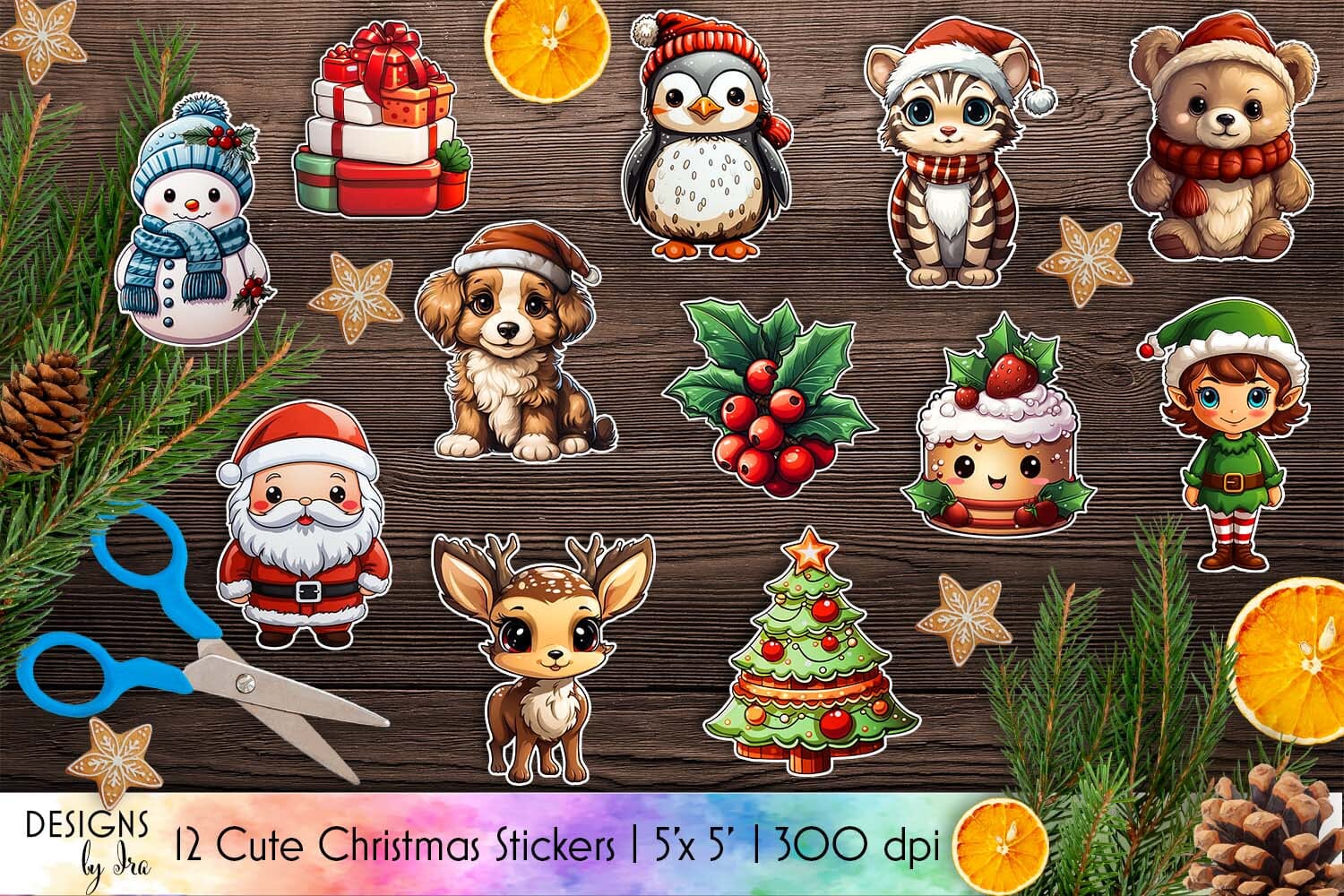 Christmas Stickers Bundle  Cute Christmas Animals Stickers - So Fontsy